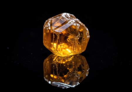Amber translucent rock sugar crystal with intricate facets and internal structure, captured in extreme macro detail on a reflective black surface.の素材