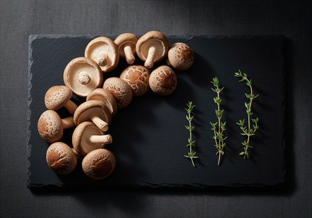 Fresh shiitake mushrooms and aromatic thyme sprigs artfully arranged on a dark slate serving board, highlighting culinary ingredients and gourmet cooking. ideal for food blogs, recipes, and healthy eating concepts.の素材