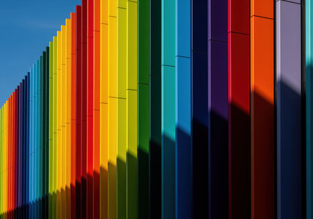 Modern building facade featuring a vibrant spectrum of vertical rainbow colored panels. dynamic shadows create depth and abstract patterns, symbolizing creativity and innovation.の素材