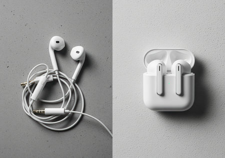 Wired earbuds with tangled cable on a dark gray surface next to sleek white wireless headphones in an open charging case on a light gray background. illustrates the progression of personal audio devices.の素材