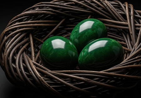 Three polished dark green jade eggs rest securely within a rustic, intricately woven wicker nest. the glossy surface reflects light, highlighting the rich color and smooth texture against the dark background, symbolizing new beginnings and nature.の素材