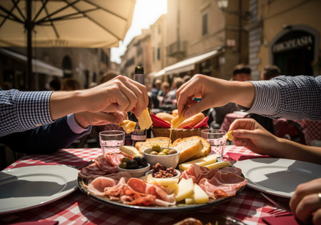 Appetizer platter filled with cured meats, cheeses, olives, and bread on a red checkered tablecloth at an outdoor italian cafe. hands reach for food, capturing a social dining experience.の素材