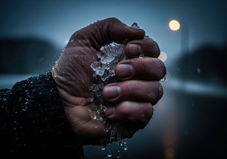 Close up of a man hand gripping melting ice, water droplets visible on skin and dripping. concept of cold, winter, climate, and resilience against harsh elements.の素材