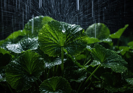 Lush green gotu kola leaves glistening with numerous water droplets during a heavy rainstorm. intense lighting highlights the vibrant foliage and fresh, natural environment, symbolizing growth.の素材