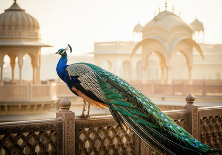 Majestic peacock with vibrant blue and green plumage gracefully perches on an intricately carved stone balustrade, overlooking an ancient indian palace at sunrise.の素材