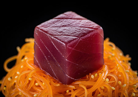 Rich dark purple ahi tuna sashimi cube, precisely cut, resting on a vibrant bed of shredded orange carrots with sesame seeds. fresh, healthy, gourmet japanese food.の素材