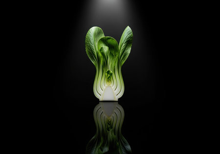 Fresh baby bok choy, perfectly sliced in half lengthwise, stands upright on a reflective black surface under dramatic studio lighting. highlights its crisp green leaves and white inner structure, symbolizing freshness, health, and culinary art.の素材