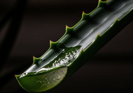 Freshly cut aloe vera leaf revealing its transparent, viscous gel. the vibrant green leaf features sharp, serrated edges, highlighted by dramatic lighting, emphasizing natural skincare and healing properties.の素材