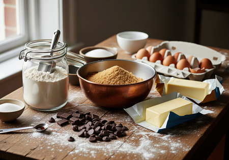Flour in a glass jar, brown sugar in a copper bowl, white sugar, eggs in a carton, butter, and chocolate chips on a rustic wooden table, ready for baking homemade cookies.の素材