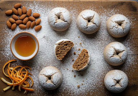 Traditional italian roccoco pastries, dusted with powdered sugar, arranged on a rustic wooden board with almonds, honey, and orange peel. one pastry is broken, revealing its rich interior, perfect for holiday baking.の素材