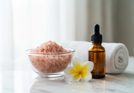 Pink himalayan salt in a glass bowl, amber essential oil dropper bottle, rolled white towel, and a plumeria flower on a marble surface, perfect for spa, wellness, and beauty concepts.の素材