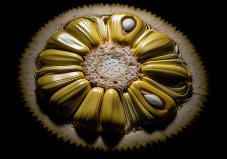 Cross section of a ripe jackfruit revealing its vibrant yellow, fleshy segments and white seeds. dramatic low key lighting highlights the fruit intricate texture and natural patterns on a dark background.の素材