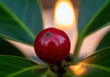 A single vibrant red holly berry stands out against lush green leaves, capturing the essence of nature beauty with a warm light reflection.の素材