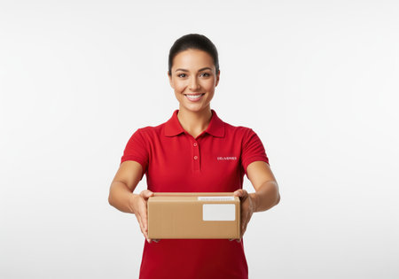 Smiling professional woman in red uniform holding a brown cardboard package. represents efficient, friendly, and reliable delivery service, shipping, and logistics.の素材