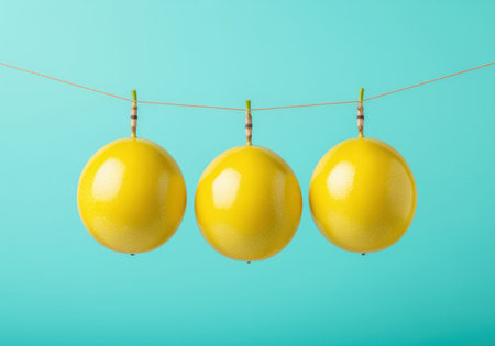 Three vibrant yellow passion fruits, also known as maracuya, are neatly suspended on a string with small clips against a bright blue studio backdrop. fresh, tropical, healthy.の素材