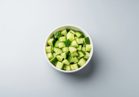 Vibrant green diced cucumber chunks fill a clean white ceramic bowl, presented from a top down perspective. fresh, healthy vegetable ingredient for salads or cooking.の素材