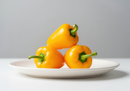 Three vibrant yellow miniature sweet peppers are meticulously stacked in a pyramid formation on a clean white plate. the fresh, glossy vegetables are presented against a neutral grey background, highlighting their bright color and smooth texture, ideal for healthy eating concepts.の素材