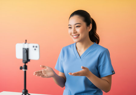 Young asian woman in blue scrubs smiling and gesturing while recording an educational health video on a smartphone. concept of telehealth, online learning, and medical communication.の素材