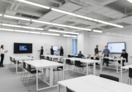 Modern corporate innovation lab interior with blurred professionals collaborating, using large screens and white tables. focus on teamwork, technology, and contemporary business environment for creative development.の素材
