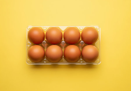 Eight fresh brown chicken eggs neatly arranged in a transparent plastic carton, presented on a bright yellow background. food, breakfast, and healthy eating concept.の素材