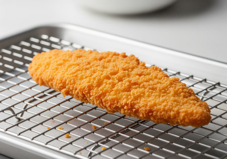 Golden brown crispy fried chicken fillet, perfectly cooked, resting on a metal cooling rack. appetizing and ready to serve, representing delicious fast food or a homemade meal.の素材