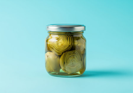 Glistening green artichoke hearts neatly arranged inside a clear glass jar, preserved in a liquid. the jar has a metallic silver lid, presented on a clean blue surface.の素材
