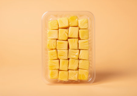 Bright yellow pineapple fruit cubes, precisely cut and vacuum sealed in a clear plastic tray, offer a convenient and healthy tropical snack option.の素材