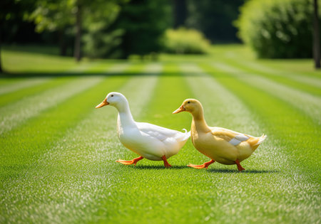 White and yellow domestic ducks waddling across a vibrant green lawn with striped patterns on a sunny day. nature, farm, and outdoor concept.の素材