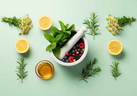 Mortar and pestle with fresh berries and mint, surrounded by lemons, chamomile, rosemary, and honey, symbolizing natural health and wellness.の素材