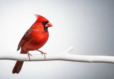 Vibrant red male northern cardinal bird, a symbol of beauty and winter, perched on a white branch. its vivid feathers and sharp features stand out clearly.の素材