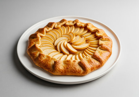 Delicious golden brown apple galette, featuring a rustic pastry crust with crimped edges and a generous filling of thinly sliced, caramelized apples arranged in a spiral pattern on a white plate. homemade dessert, sweet treat, baking concept.の素材