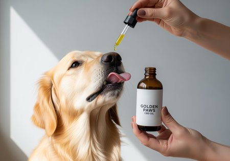 Golden retriever dog eagerly licks its nose as a hand dispenses CBD oil drops from a dropper, promoting pet health and wellness.の素材
