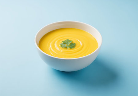 Vibrant yellow creamy soup served in a pristine white bowl, garnished with a fresh green herb. set against a clean light blue background, highlighting its smooth texture and appetizing appeal. ideal for food, health, and culinary themes.の素材