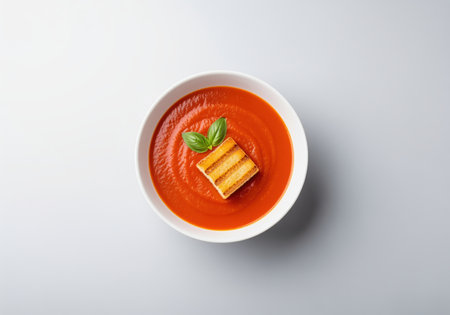 Smooth red tomato soup in a white bowl, garnished with a golden grilled cheese crouton and fresh green basil leaves, presented on a light grey studio surface. a healthy, delicious, and comforting meal.の素材