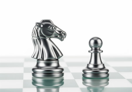 Sleek silver chess knight and pawn stand prominently on a reflective glass chessboard against a clean white background, symbolizing strategy, challenge, and competition in business and game.の素材