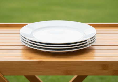 Four glossy white ceramic plates stacked neatly on a light brown wooden slatted table. the background is a blurred vibrant green, suggesting an outdoor setting. ideal for dining, kitchenware, or food presentation concepts.の素材