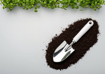 A pristine, brightly polished hand shovel with a sleek, ergonomic handle is positioned neatly at a gentle angle on a bed of impeccably smooth dark soil. lush green plants line the top edge, symbolizing growth and gardening.の素材
