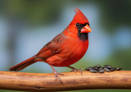 Vibrant red northern cardinal bird with a black mask and crest, perched on a wooden branch next to a pile of black sunflower seeds. nature, wildlife, birdwatching, feeding.の素材