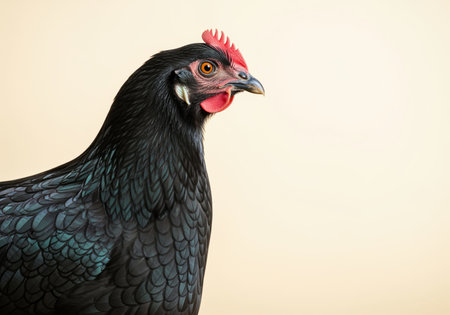 Black australorp hen with iridescent black feathers and a prominent red comb, captured in a detailed side profile against a neutral background. focus on poultry, farm animal, and agriculture concepts.の素材