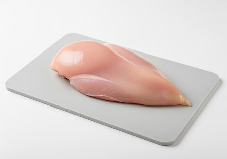 Lean raw chicken breast, fresh and pale pink, displayed on a grey cutting board. essential ingredient for healthy cooking, high protein meals, and diet preparation.の素材