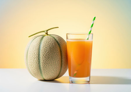 Whole fresh cantaloupe melon next to a glass of vibrant orange juice with a green and white striped straw on a clean white surface, ready to drink.の素材