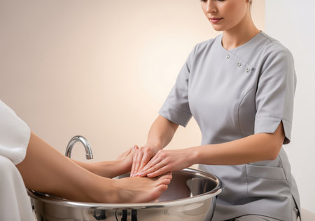 Professional beautician performing a relaxing foot treatment on a woman in a modern spa salon. focus on hygiene, care, and wellness for beauty and relaxation.の素材