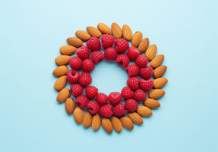 Fresh red raspberries and whole brown almonds meticulously arranged in a perfect circular pattern on a clean light blue surface. represents healthy eating, natural ingredients, and balanced nutrition.の素材