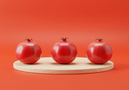 Three vibrant red pomegranates symmetrically arranged on a circular light wooden stand. fresh, healthy fruit against a clean red background, perfect for food, health, and nutrition concepts.の素材
