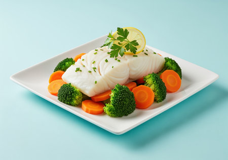 Steamed cod fillet served on a white plate with vibrant green broccoli florets and orange carrot slices. garnished with fresh parsley and a lemon slice, representing a healthy and nutritious meal.の素材