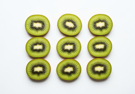 Nine vibrant green kiwi fruit halves, perfectly sliced and arranged in a neat symmetrical grid pattern on a clean white surface. fresh, healthy, and rich in vitamins.の素材