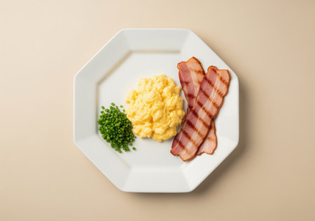 Perfectly cooked scrambled eggs, crispy grilled bacon, and fresh green chives neatly arranged on a white octagonal plate. a classic, balanced breakfast or brunch meal, presented with clean lines and a minimalist aesthetic.の素材