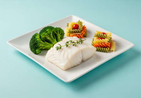 Steamed halibut fillet garnished with thyme, served alongside fresh green broccoli florets and vibrant spiral fusilli pasta on a white plate, representing a balanced and healthy meal.の素材