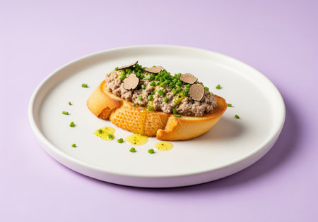 Elegant mushroom and truffle pate crostini appetizer, garnished with fresh chives and delicate truffle slices, drizzled with olive oil on a white plate.の素材