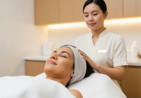Relaxed woman enjoys a professional facial treatment administered by a skilled beautician in a clean, modern spa environment, promoting skincare and wellness.の素材